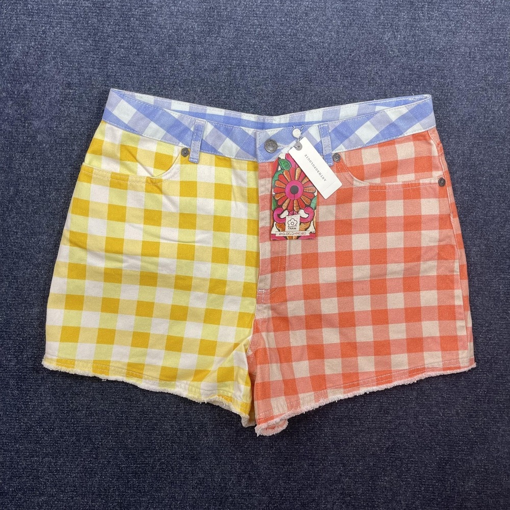 Farm Rio Shorts Womens Large Multicolor Gingham Cutoff Denim Check Summer Casual
